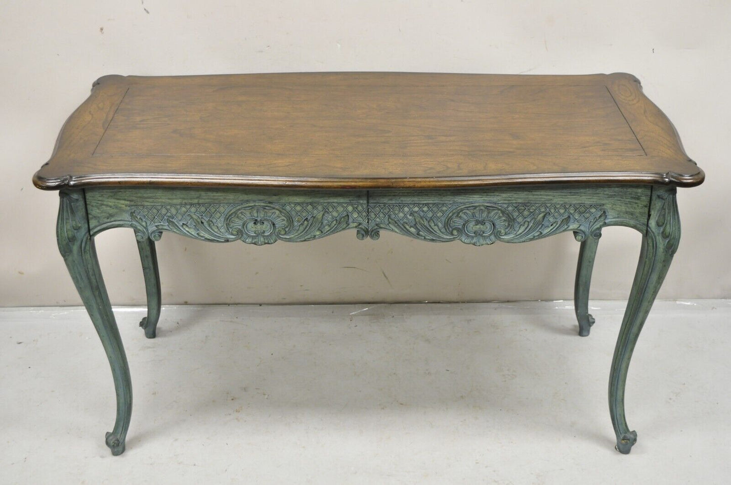 Vintage French Country Provincial Style Shell Carved Blue Painted 2 Drawer Desk