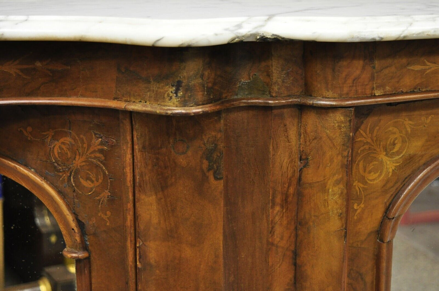 Antique Victorian Burr Wood Walnut Serpentine Marble Top Sideboard Credenza
