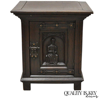 Antique Gothic Renaissance Revival Oak Wood Figural Carved Low Cabinet