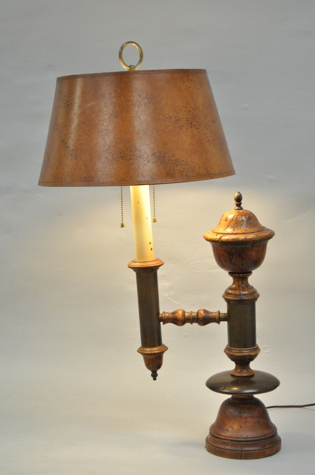 Vintage Distressed Wood & Brass French Country Rustic Table Desk Bouillotte Lamp