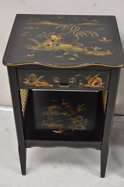 Katherine Henick Chinoiserie Chinese Black Hand Painted Nightstands - a Pair