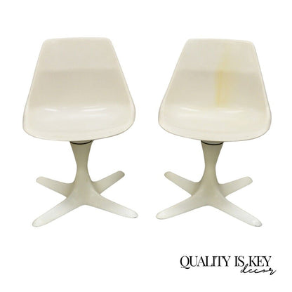 Mid Century Modern Burke Style Propeller Base Small White Swivel Chairs - a Pair