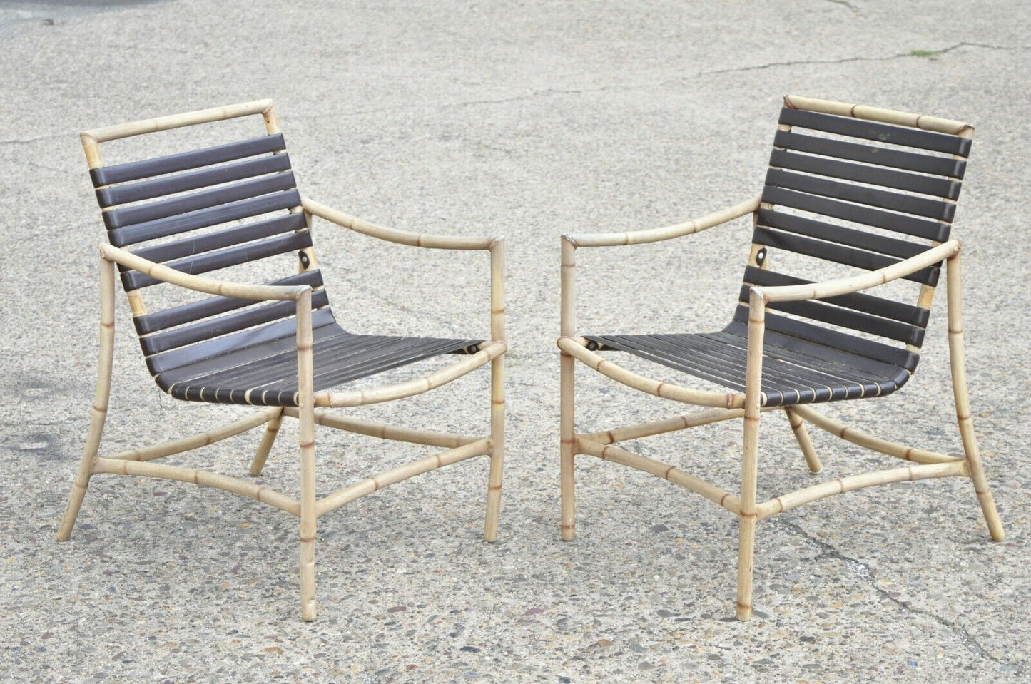 Faux Bamboo Chinese Chippendale Aluminum Vinyl Strap Patio Arm Chairs - a Pair