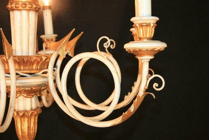 1950s Carved Giltwood Italian Neoclassical Style Gold and White Arrow Chandelier