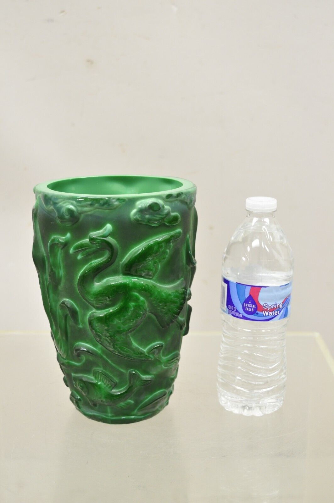 Vintage Art Deco Green Glass "Malachite" Bird and Fish Vessel Vase