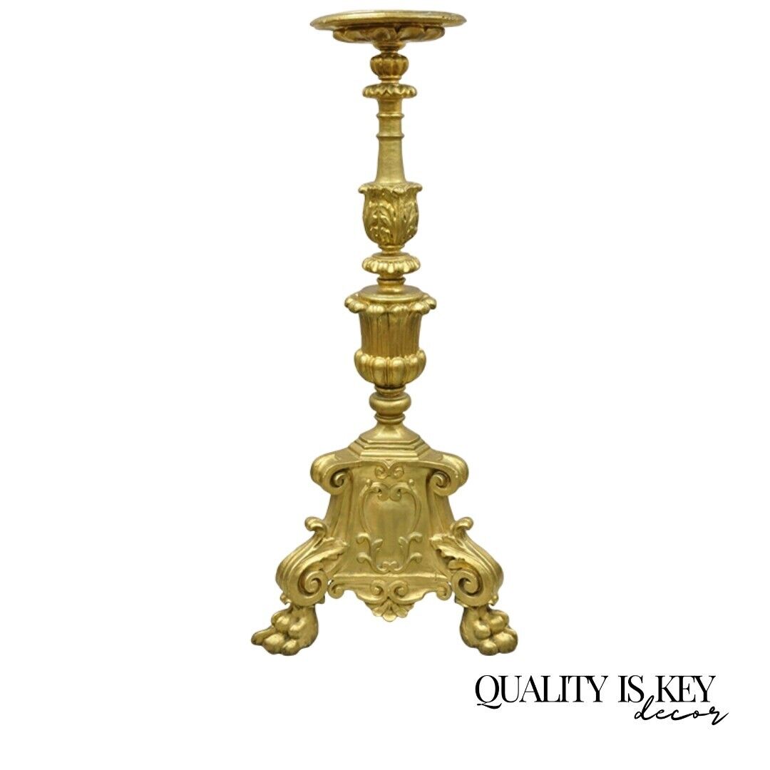 Large Antique 64" Caved Wood Gold Giltwood Empire Pedestal Candlestick Pricket