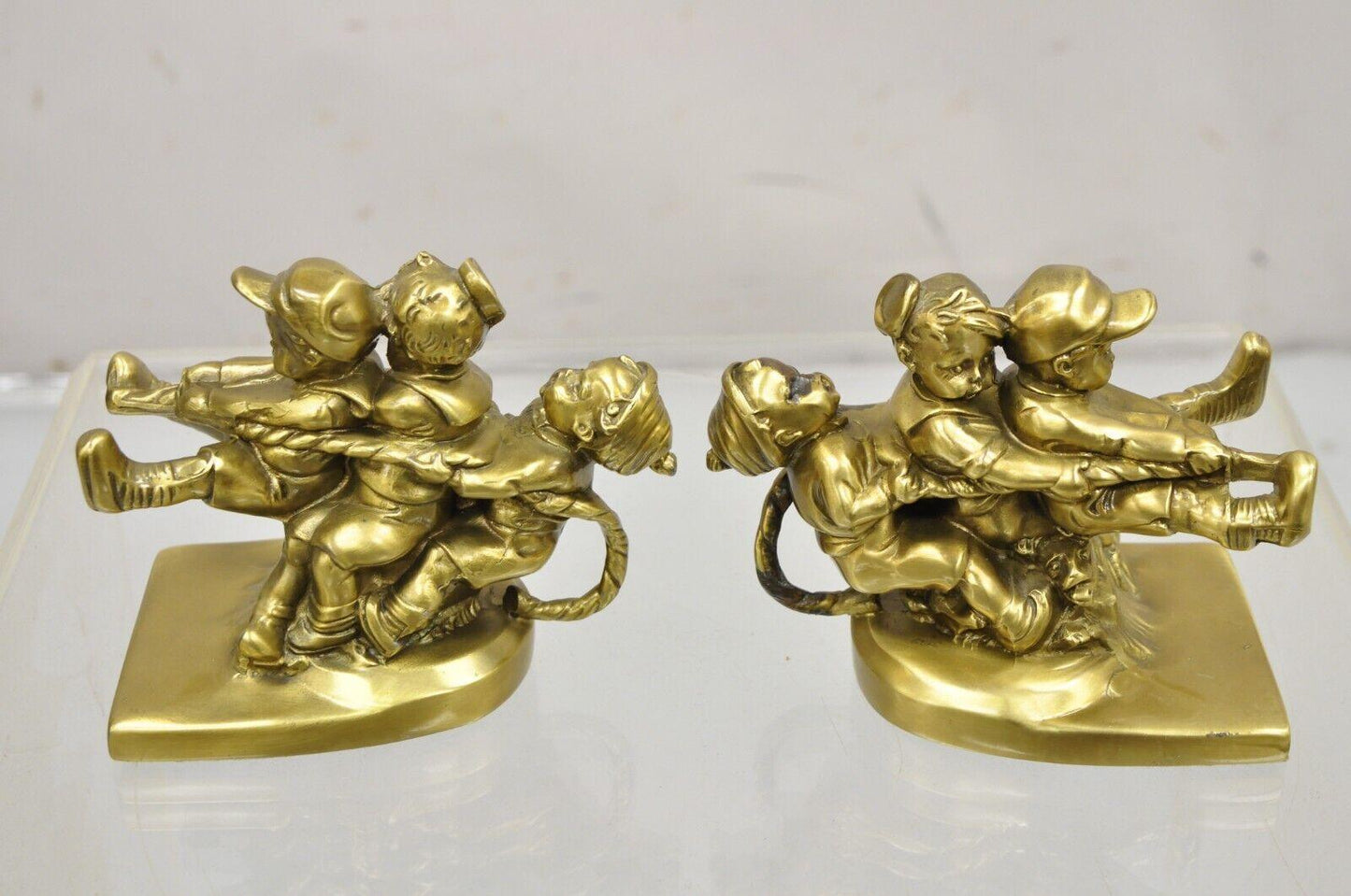 Vintage PM Craftsman "Tug of War" Brass Children Playing Figural Bookends - Pair