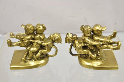 Vintage PM Craftsman "Tug of War" Brass Children Playing Figural Bookends - Pair