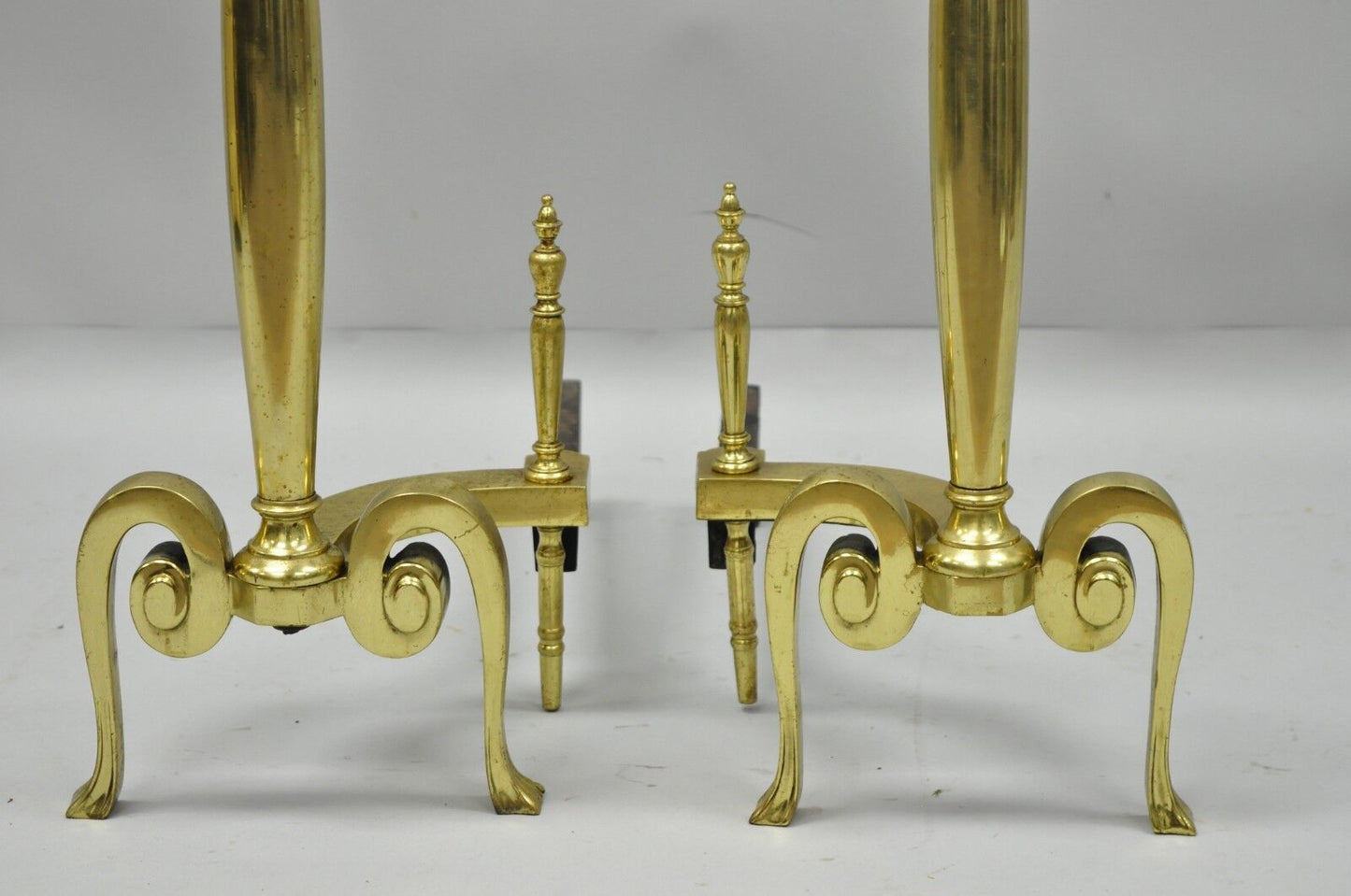 Antique Pair French Art Nouveau Style Brass Fireplace Andirons Urn Finial