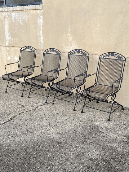 Vintage Woodard Wrought Iron Rose Pattern Springer Patio Arm Chairs - Set of 4