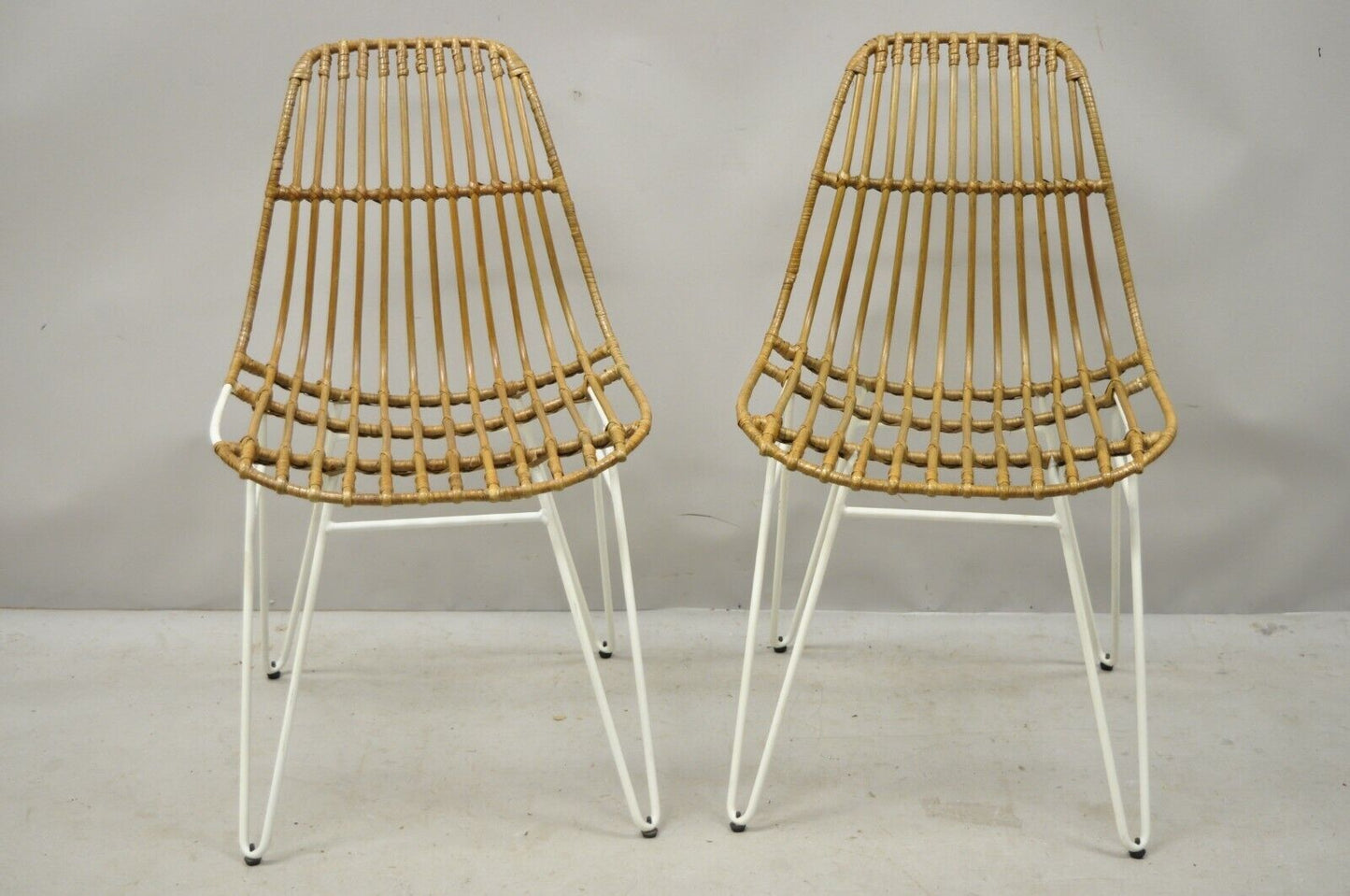 Modern White Wrought Iron Hairpin Leg Rattan Shell Dining Side Chairs - a Pair