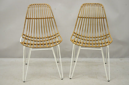 Modern White Wrought Iron Hairpin Leg Rattan Shell Dining Side Chairs - a Pair