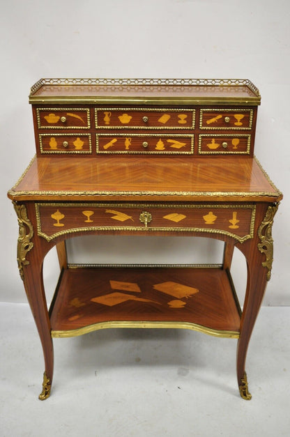 Vintage French Louis XV Style Marquetry Inlay Bronze Ormolu Small Writing Desk