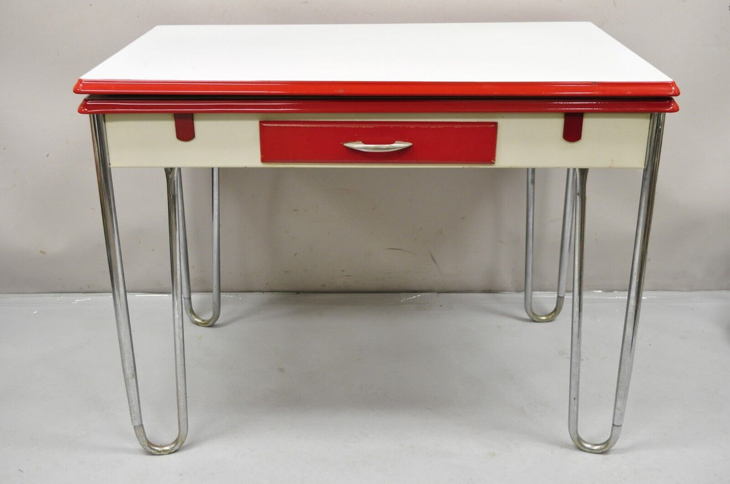 Antique Art Deco Red and White Porcelain Enamel 40” Extension Kitchen Table