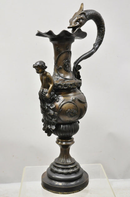 20th Century French Empire Style Large Figural Bronze Urn Ewer Vase with Cherub