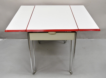 Antique Art Deco Red and White Porcelain Enamel 40” Extension Kitchen Table