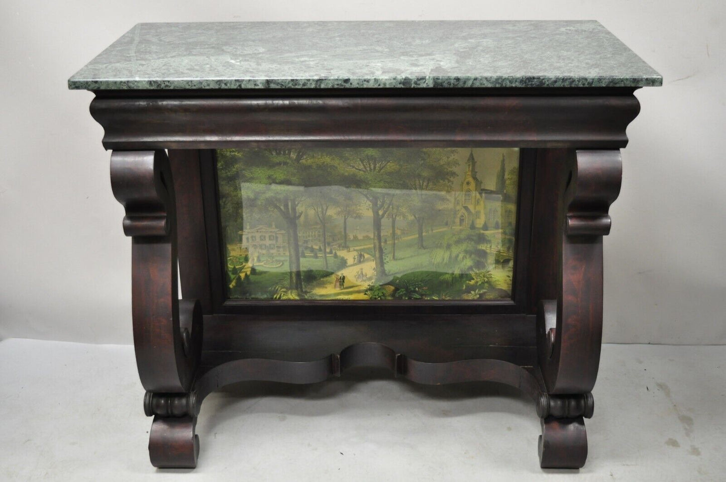 19th Century American Empire Mahogany Green Marble Top Console Hall Table