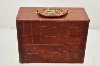 Vintage Brown Leather Art Deco Faux Crocodile Small Toiletry Travel Vanity Case