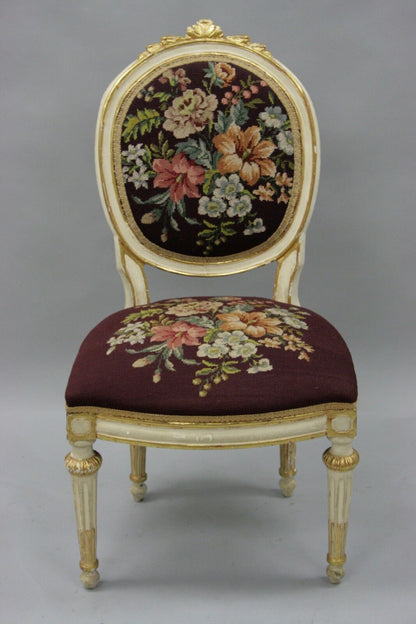Antique French Louis XVI Style Carved Floral Needlepoint Accent Chair White Gold