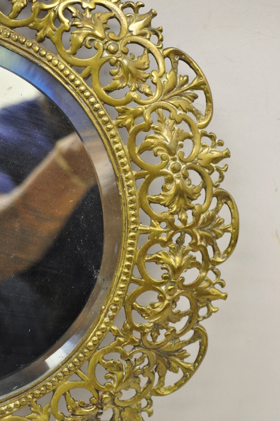 Antique French Renaissance Style Round Leafy Brass Frame Small Beveled Mirror