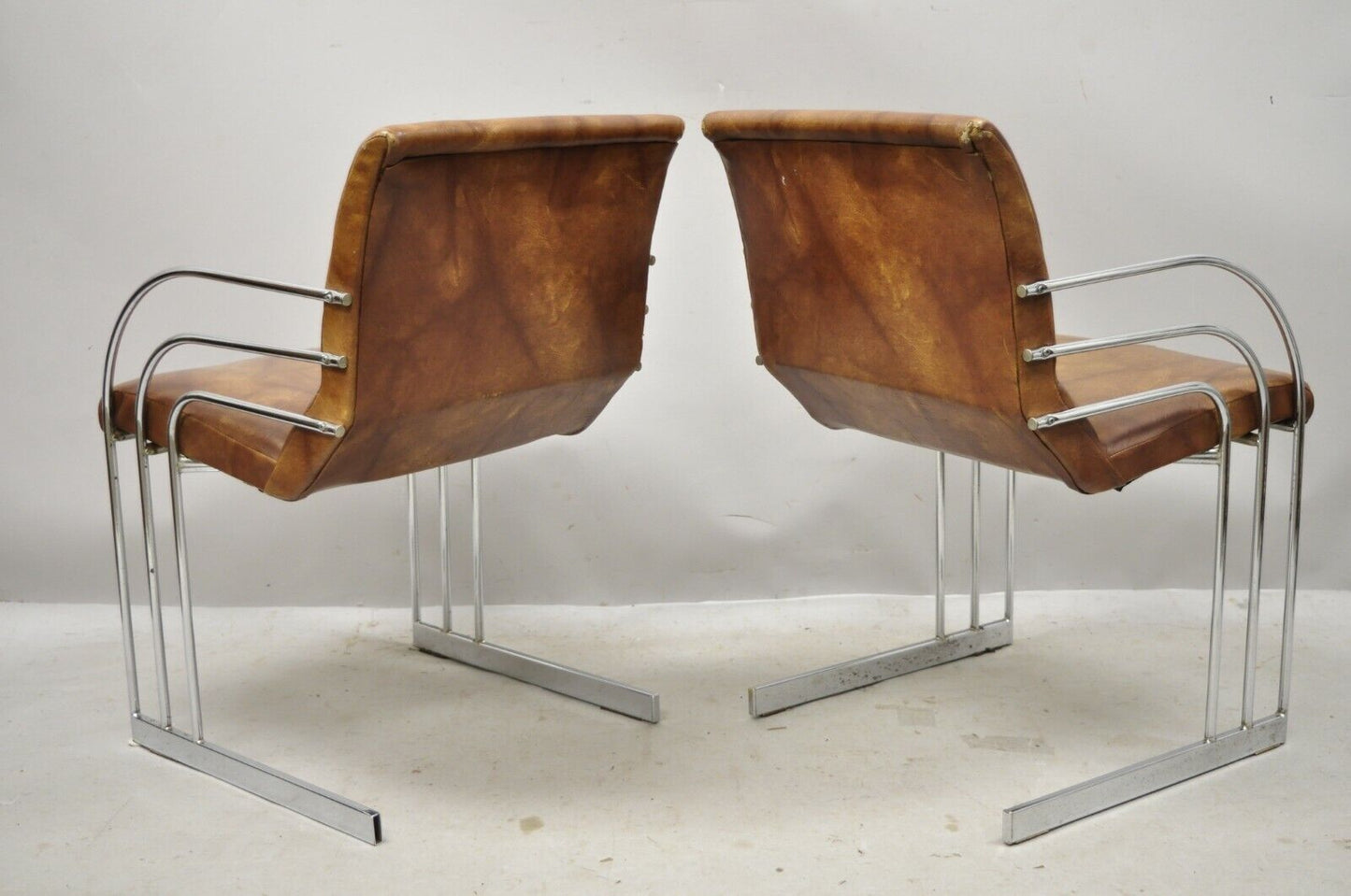 Mid Century Modern Art Deco Chrome Cantilever Milo Baughman Arm Chairs - a Pair