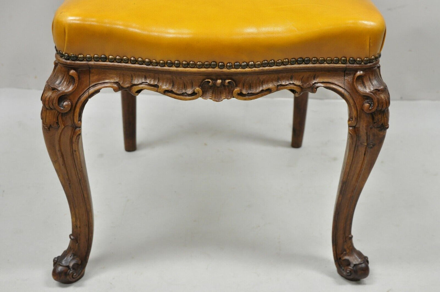 French Louis XV Carved Walnut Cabriole Leg Leather Upholstered Accent Side Chair