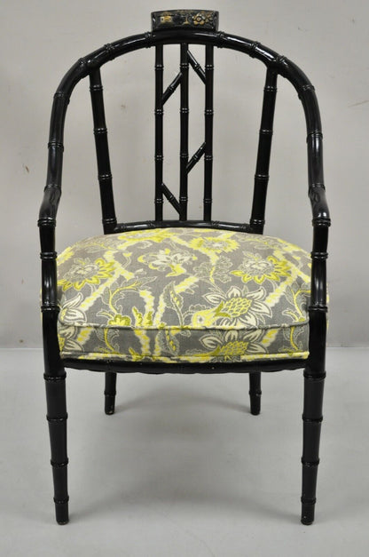 Vintage Chinese Chippendale Black Lacquer Faux Bamboo Fretwork Lounge Chair