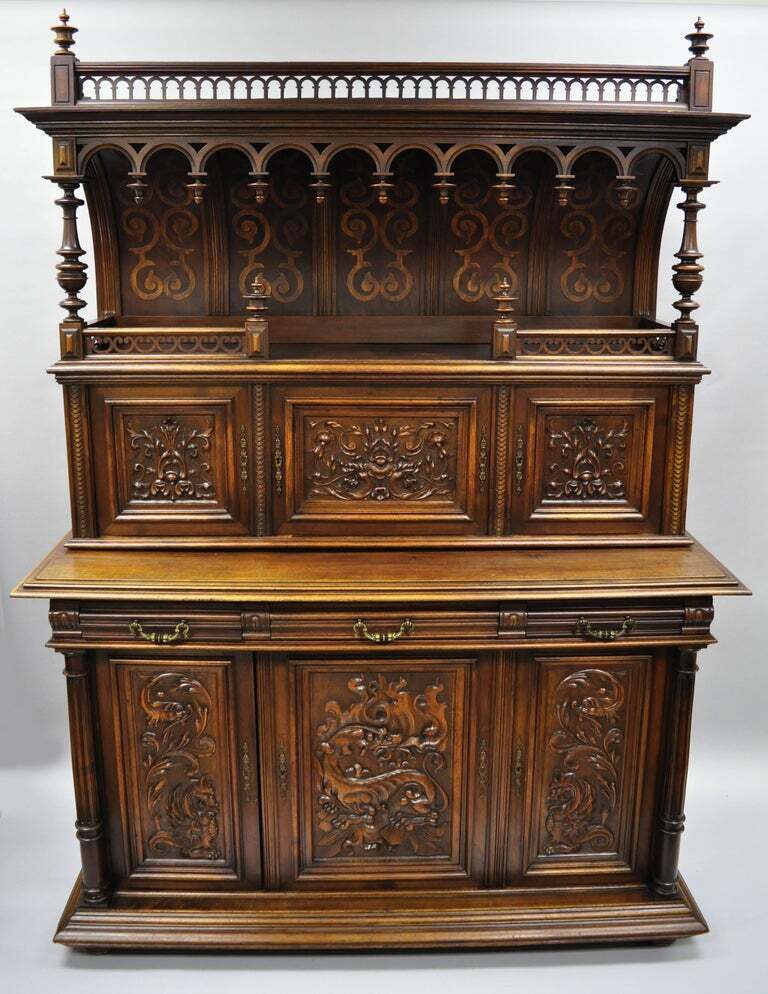 Gothic Renaissance Revival Carved Walnut Dragon Griffin Sideboard Hutch Cabinet