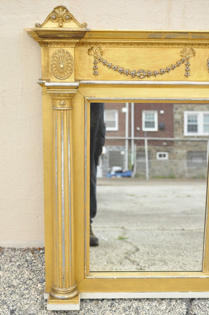 Antique Large 83" Victorian Gold Giltwood Figural Triple Overmantle Mirror