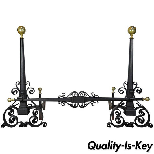 Antique Wrought Iron & Brass Arts & Crafts Mission Samuel Yellin Style Andirons