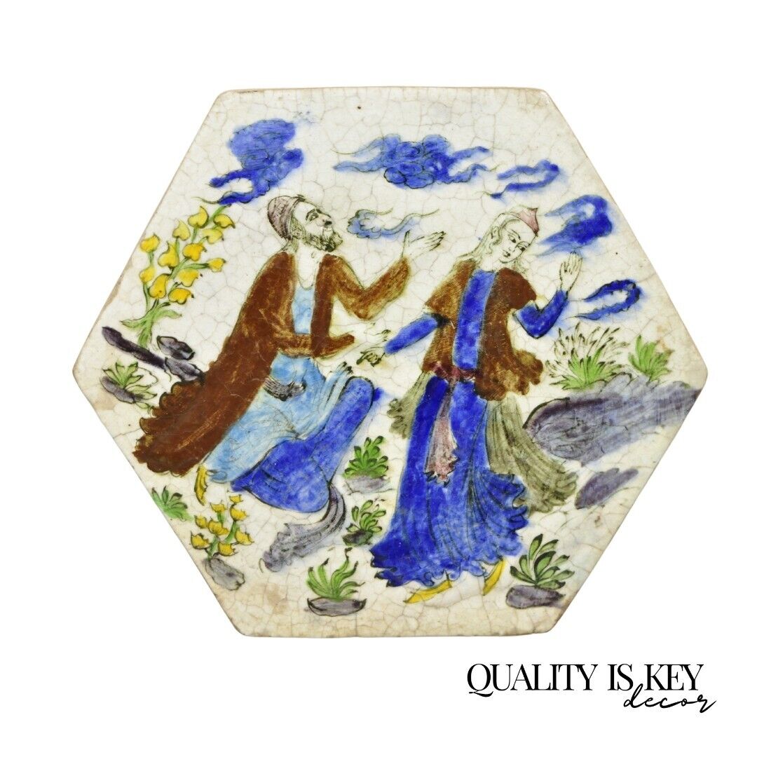 Antique Persian Iznik Qajar Style Ceramic Pottery Tile Hexagonal Blue Couple C5
