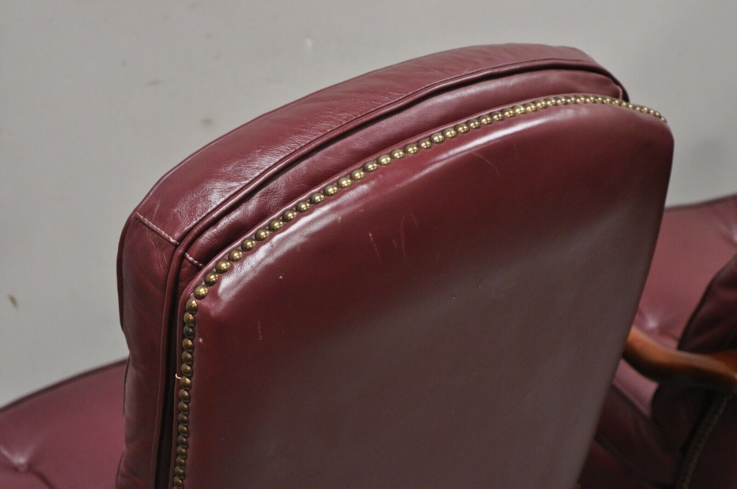 St Timothy Chair Co Burgundy Leather Queen Anne Library Office Arm Chairs - Pair