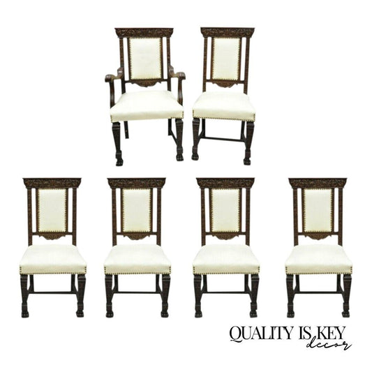6 Antique Italian Renaissance Carved Oak Wood Upholstered Dining Chairs