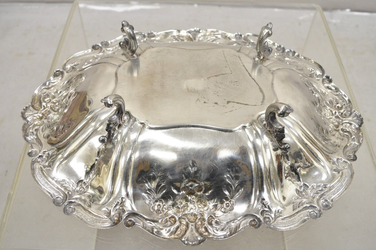 Vintage English Victorian Flower Rose Repousse Silver Plated Footed Oval Dish