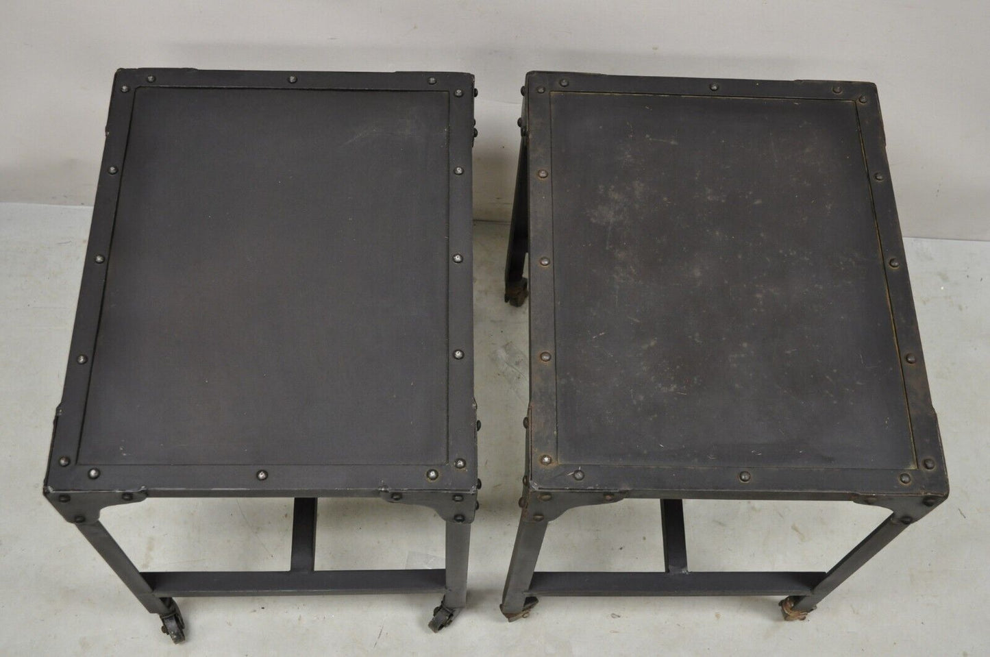 Decorator Industrial Vintage Style Steel Metal Side Tables on Wheels - a Pair