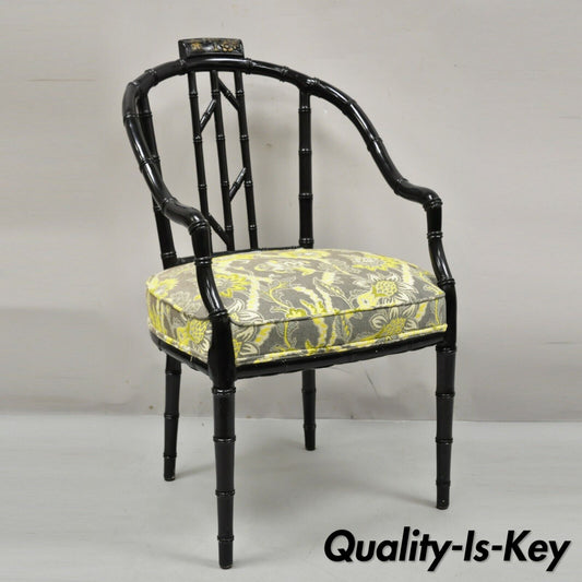 Vintage Chinese Chippendale Black Lacquer Faux Bamboo Fretwork Lounge Chair