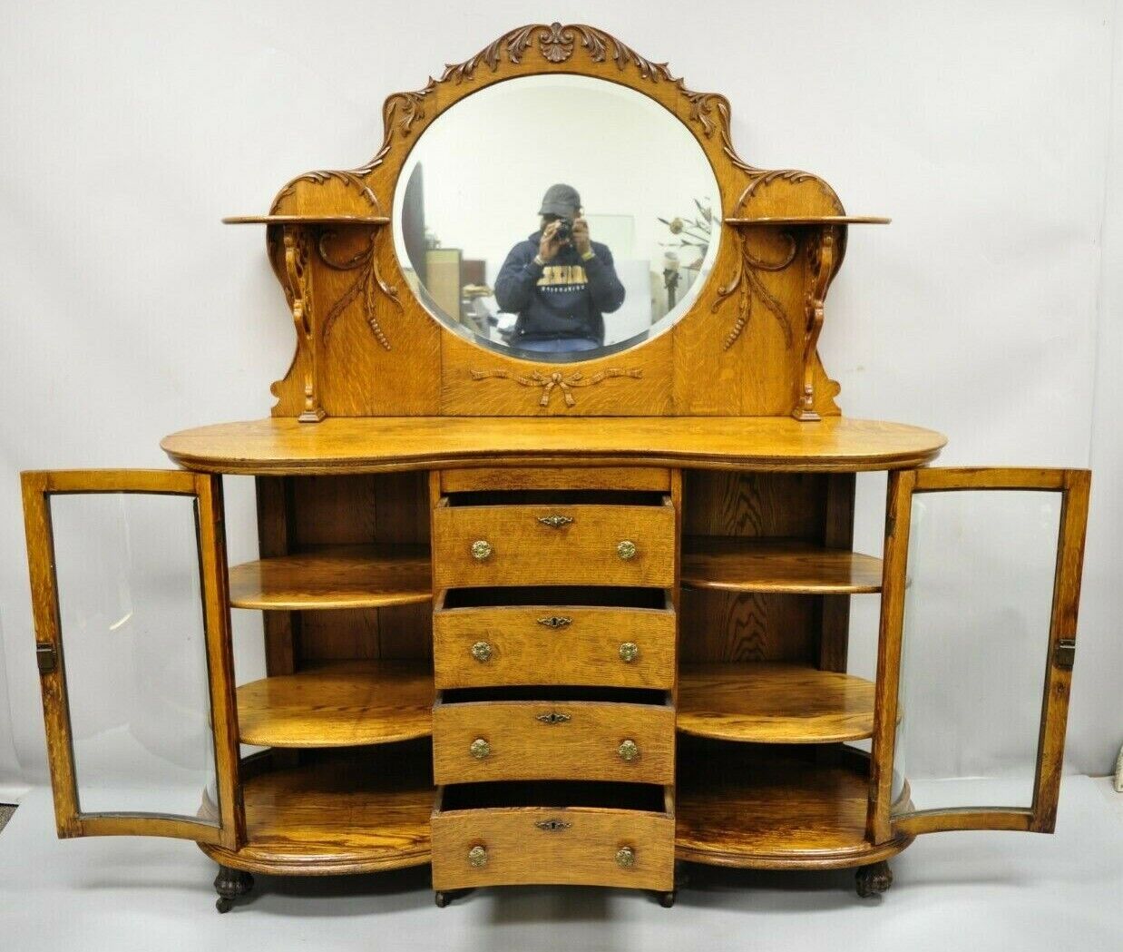 Antique Victorian Tiger Oak Carved Paw Feet Sideboard Buffet China Cabinet Base