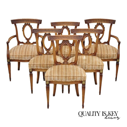 6 Vintage Italian Hollywood Regency Walnut Greek Key Neoclassical Dining Chairs