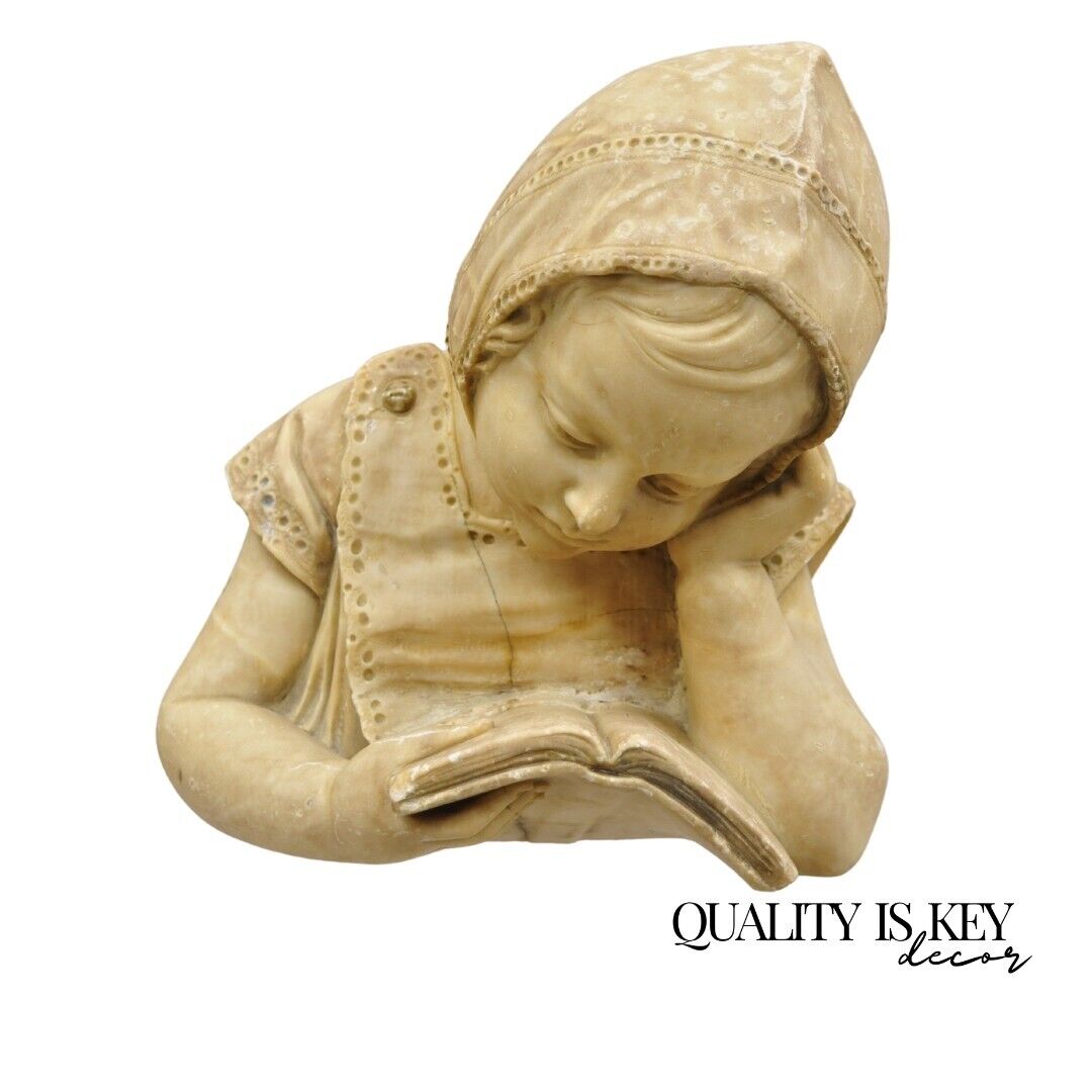 Antique Victorian Carved Italian Marble Bust Girl Reading Book Statue Sculpture