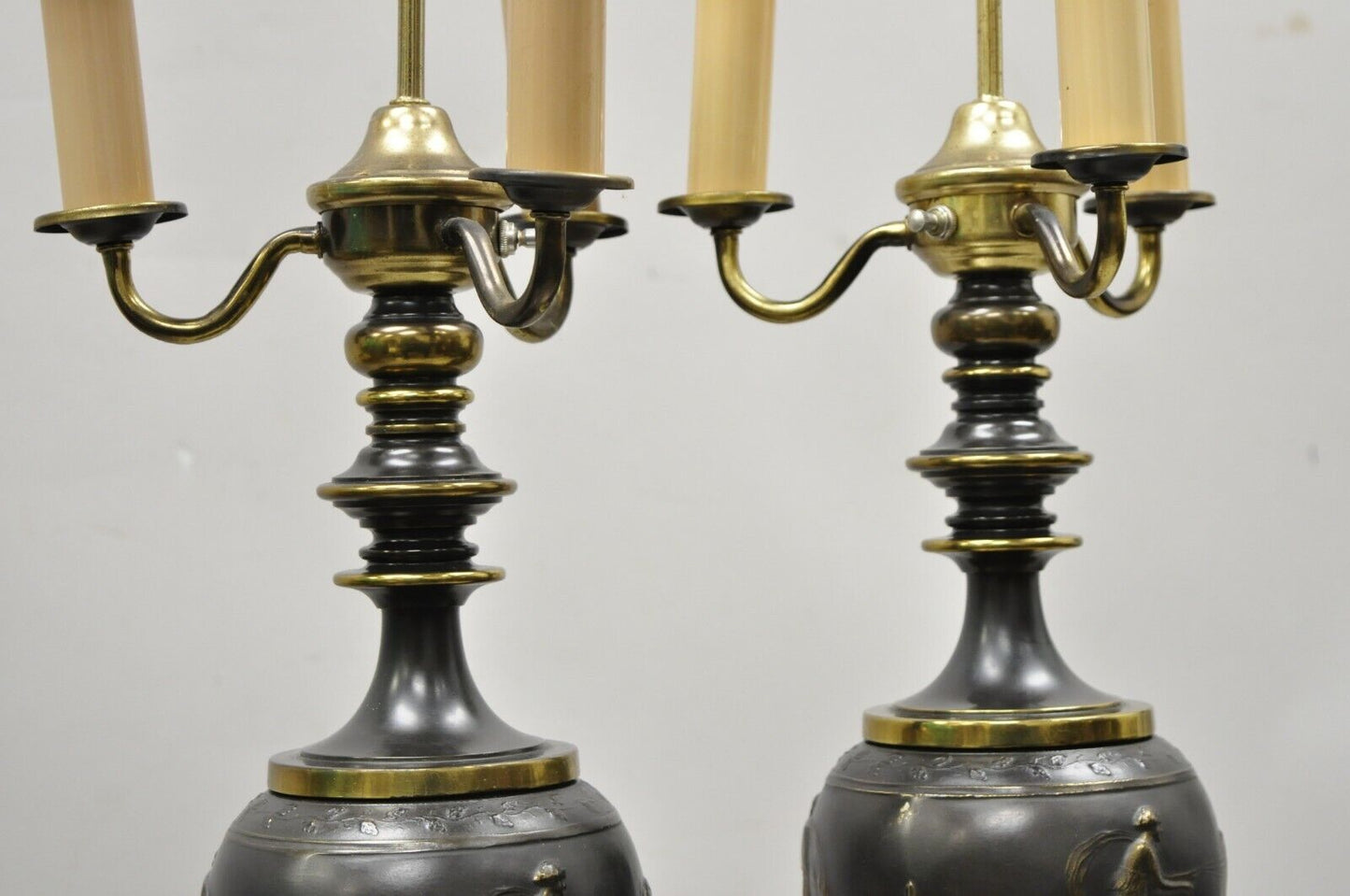 Antique Italian Classical Bronze Finish Metal Bulbous Figural Table Lamps - Pair