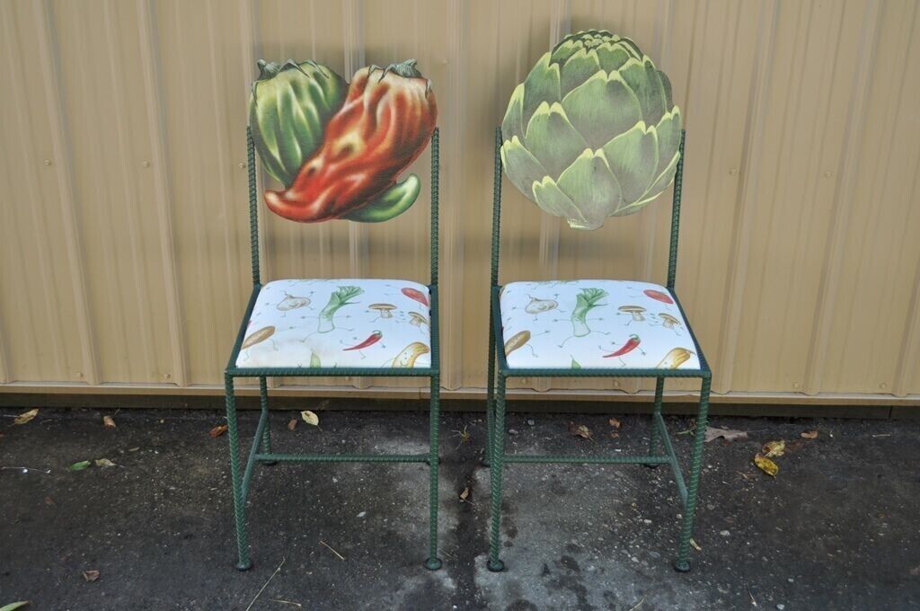 Hollywood Regency Custom Painted Peppers & Artichoke Bistro Side Chairs - a Pair