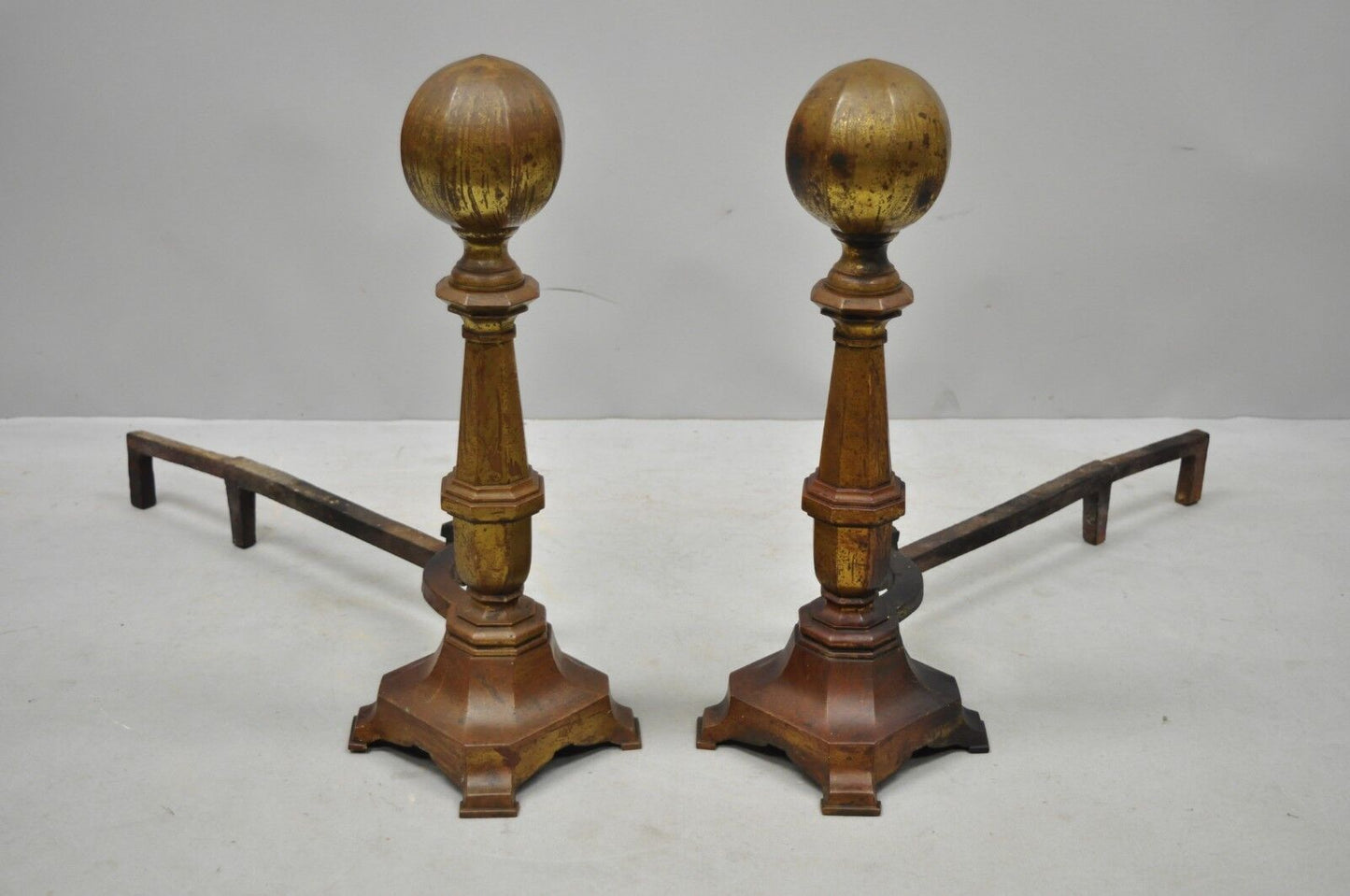 Pair of 19th Century American Federal Brass Cannonball Andirons w/ Aged Patina