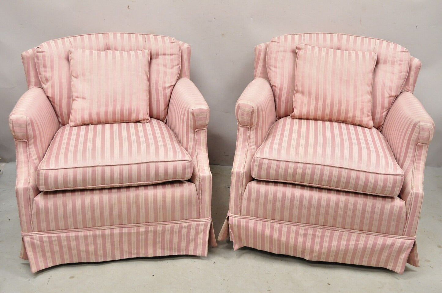 Pair Vintage Custom Pink Candy Stripe Upholstered Swivel Tilt Club Lounge Chairs