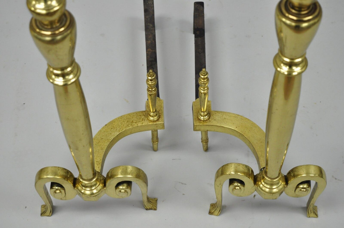 Antique Pair French Art Nouveau Style Brass Fireplace Andirons Urn Finial