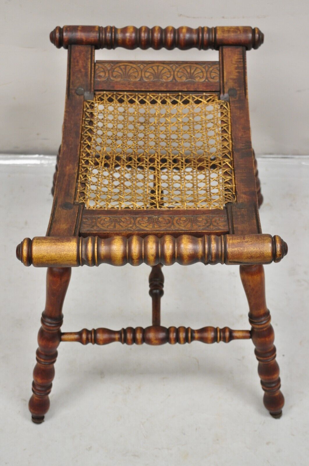 Antique English Jacobean Turn Carved Walnut Cane Seat Spindle Stool