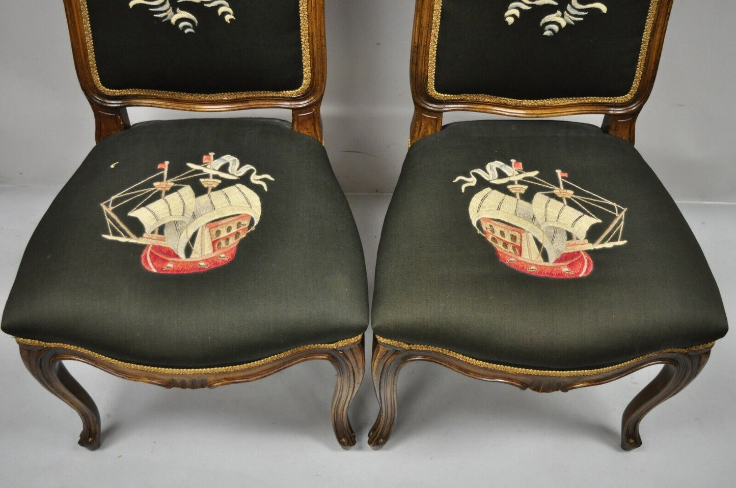 French Provincial Louis XV Walnut Side Chairs w/ Ship Boat Crewel Work - a Pair