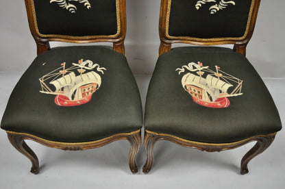 French Provincial Louis XV Walnut Side Chairs w/ Ship Boat Crewel Work - a Pair