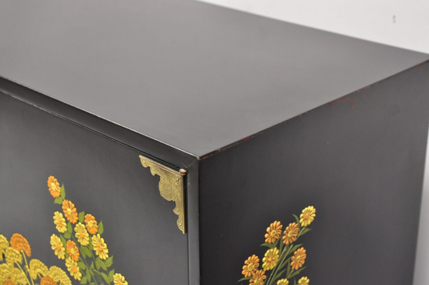 Vintage Chinoiserie Black Lacquer Hand Painted Floral Credenza Cabinet Sideboard