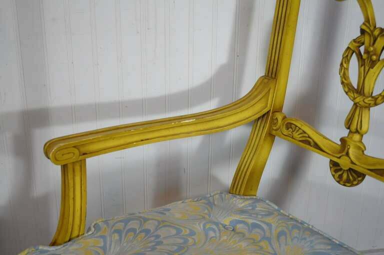 6 Yellow Painted French Regency Louis XVI Style Carved Dining Room Chairs