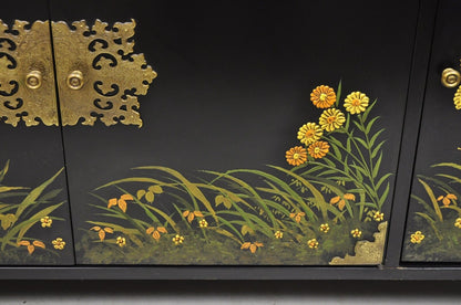 Vintage Chinoiserie Black Lacquer Hand Painted Floral Credenza Cabinet Sideboard